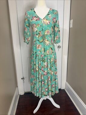 Teal Floral V-Neck Midi Dress